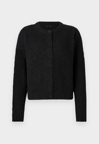 Svart strikket cardigan med et teksturert chevronmønster, rund hals, knappestolpe, og ribbestrikkede ermer og kant. Enkelt og klassisk design.