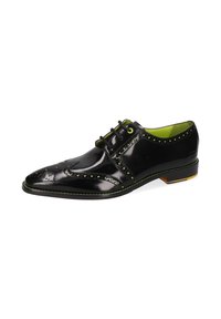 Schwarze lacklederne Schuhe mit spitzem Zehenbereich, dekorativen Perforationen, grüner Naht und einem leuchtend grünen Futter. Niedriges Absatzdesign.