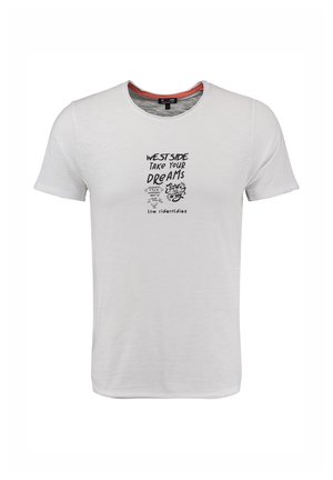 Weißes Kurzarm-T-Shirt mit schwarzem Text "Westside, verwirklich deine Träume" und kleinen grafischen Designs in der Mitte vorne.
