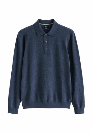 Polo din bumbac bleumarin, cu mânecă lungă, realizat dintr-un material texturat, având guler, trei nasturi la închidere și manșete ribbate.