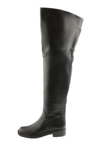 Schwarze Lederstiefel über dem Knie mit runder Zehenform, flachem Absatz und einem Reißverschluss an der Seite. Enthält eine Schnallenakzentuierung am Schaft für Details.