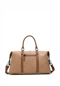 Borsa a duffel beige in materiale sintetico, texture liscia, con due manici superiori e tracolla regolabile. Presenta una tasca frontale con zip e dettagli beige.