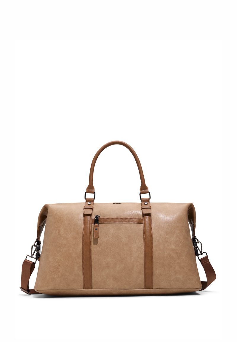 Borsa a duffel beige in materiale sintetico, texture liscia, con due manici superiori e tracolla regolabile. Presenta una tasca frontale con zip e dettagli beige.