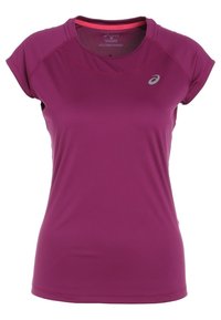 Lila idrottströja med korta ärmar, rund halsringning och fukttransporterande tyg. Har en diskret logotyp på framsidan.