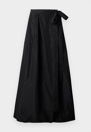 Jupe maxi noire enveloppante avec devant plissé et nœud noué à la taille, confectionnée dans un tissu lisse et léger.