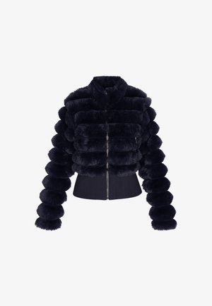 Laajakuvainen tummansininen tekoturkistakki, jossa on lyhyt malli, puffeilla pyöreillä hihoilla ja vetoketjukiinnitys. Sujuva pinta ja ylellinen ulkonäkö.