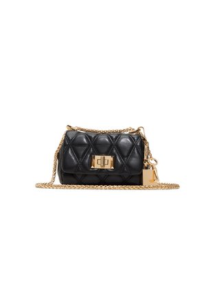 Black quilted leather handbag with a gold chain strap, clasp closure, and a padlock detail. Compact, rectangular shape.
