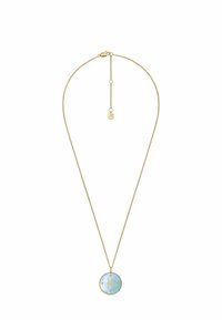 Collana d'oro con una catena delicata, caratterizzata da un ciondolo rotondo blu con simbolo astrologico e accenti di stelle, superficie liscia e finitura lucida.