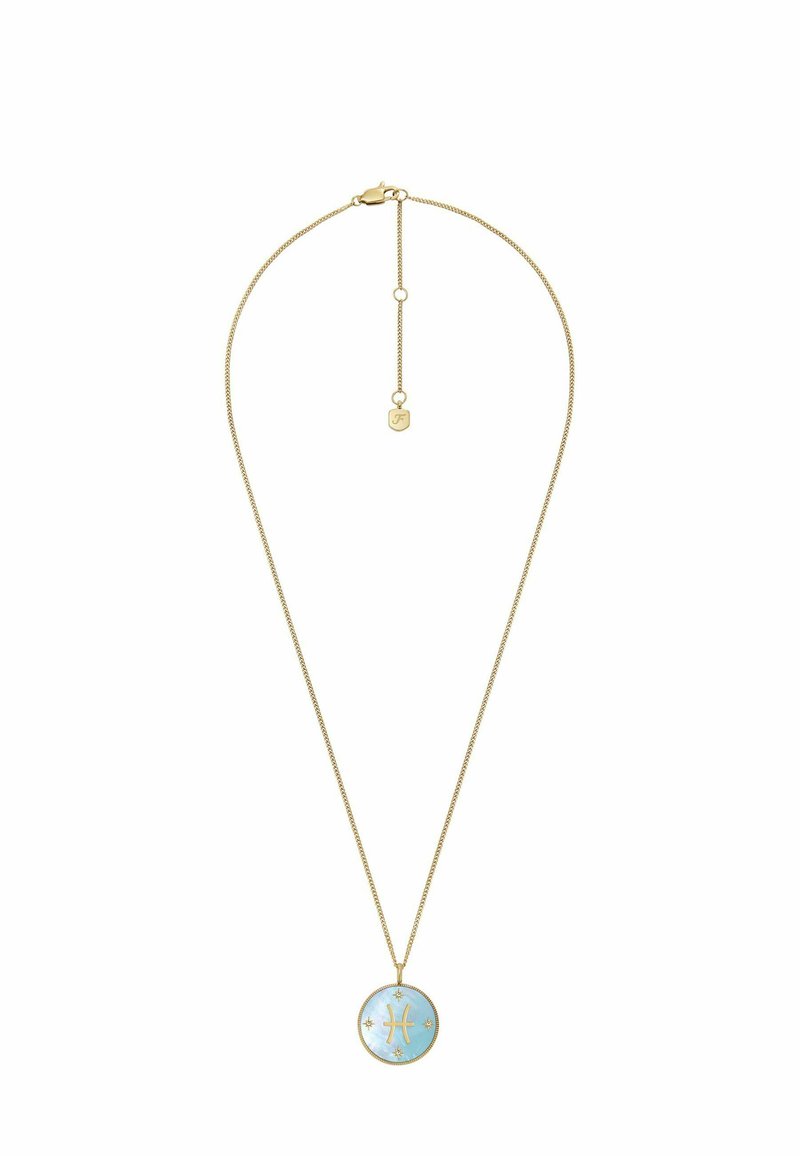 Collana d'oro con una catena delicata, caratterizzata da un ciondolo rotondo blu con simbolo astrologico e accenti di stelle, superficie liscia e finitura lucida.