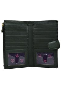 Donkergroen leren portemonnee met meerdere kaartvakjes, twee ID-vensters met een bloemenpatroon en een veilige sluiting.