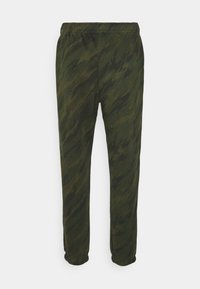 Zelené maskáčové tepláky s texturovaným vzorem, pružným pasem a zužujícími se manžetami. Vyrobeno z měkkého, prodyšného materiálu.