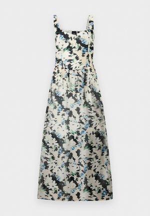 Sleeveless maxi dress with fitted bodice and flared skirt, featuring a white, black, blue, and green floral print pattern.