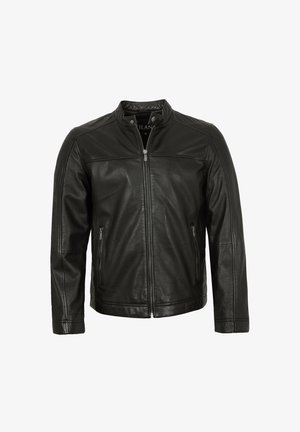 Schwarze Lederjacke mit Reißverschluss vorne, Druckknopfverschluss am Kragen, zwei seitlichen Taschen und kontrastierendem Paneeldesign an den Schultern.