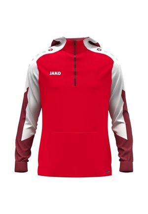 Roter sportlicher Hoodie mit hohem Kragen, weißen Ärmeln, kastanienbraunen Akzenten, Frontreißverschluss und einer Kängurutasche. Mit "JAKO"-Logo auf der Brust.