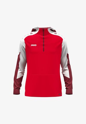 Roter sportlicher Hoodie mit hohem Kragen, weißen Ärmeln, kastanienbraunen Akzenten, Frontreißverschluss und einer Kängurutasche. Mit "JAKO"-Logo auf der Brust.