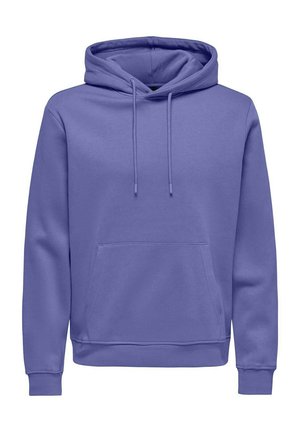 Sudadera morada hecha de un tejido suave que presenta un bolsillo tipo canguro, capucha ajustable con cordón y puños y dobladillo acanalados para un ajuste ceñido.