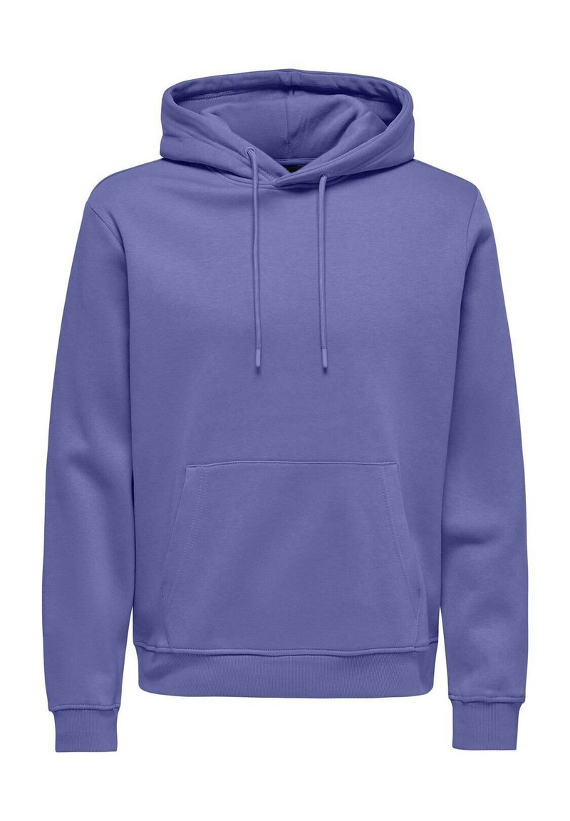 Felpa viola realizzata in tessuto morbido, caratterizzata da una tasca a marsupio, cappuccio regolabile con cordino e polsini e orlo a coste per una vestibilità aderente.