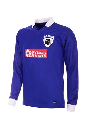 Blauwe lange mouwen voetbalshirt met een witte kraag, S.C. Bastia-logo en "Nouvelles Frontières" in het rood. Gemaakt van gladde stof.