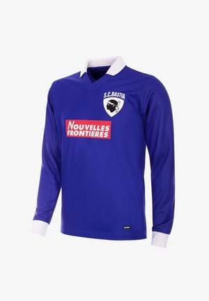 Blauwe lange mouwen voetbalshirt met een witte kraag, S.C. Bastia-logo en "Nouvelles Frontières" in het rood. Gemaakt van gladde stof.