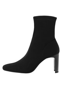 Svart ankle boot med spetsig tå, smal medelhög klack och överdel i slät tyg, designad för dammode.
