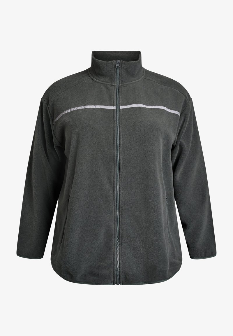 Tumehall fleece jakk keskmise kraega, täis esivõu ja peegeldav triip rinna peal. Sisaldab küljetaskuid ja lõdva istuvusega.