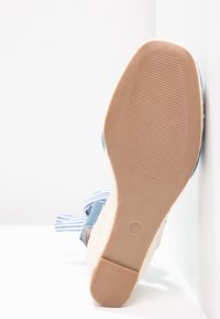 Semelle d’une chaussure espadrille compensée avec une semelle en caoutchouc, une accroche texturée et un lien en tissu bleu à la cheville reposant contre des surfaces blanches.