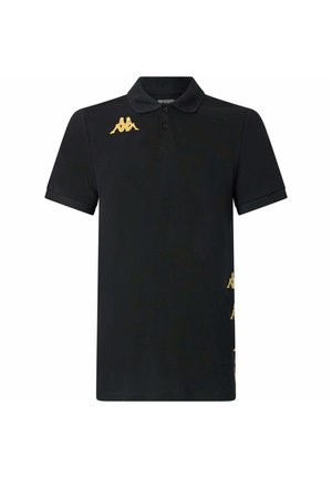 Polo shirt nera in cotone, con colletto, tre bottoni e un logo dorato sul petto e sull'orlo inferiore. Maniche corte.