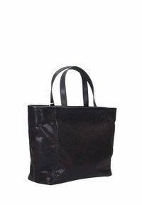 Borsa tote nera realizzata in materiale sintetico texturizzato, con due manici piatti, apertura superiore e superficie lucida con dettagli minimi.