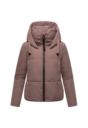 Giacca imbottita rosa chiaro con un ampio cappuccio, zip nera e tasche laterali. Presenta un motivo trapuntato e coulisse regolabili.