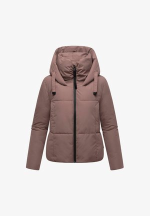 Lyserød polstret jakke med en stor hætte, sort lynlås og sidelommer. Har et quiltet mønster og justerbare snore.