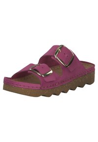 Pink slip-on sandals with two adjustable gold buckle straps, textured cork sole, and a wavy edge design. Durable and open-toed.
