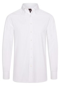 Camicia bianca a maniche lunghe con bottoni, realizzata in cotone, con colletto classico, caratterizzata da una fila di bottoni sul davanti e polsini con bottoni.