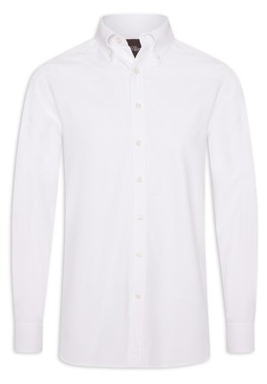 White long-sleeve button-up shirt made of cotton with a classic collar, featuring a row of button fastenings down the front and buttoned cuffs.