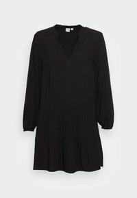 Vestido negro de manga larga con escote en V, cintura fruncida y falda en capas. Fabricado con un tejido ligero y de textura suave.