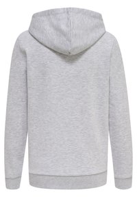Grå hoodie med en strukturerad yta, visad från baksidan, med huva samt ribbade muddar och fåll. Enkel design och mjukt tyg.