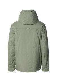 Water-resistant green jacket with a hood, quilted texture, and a straight cut. Features a back yoke and elastic cuffs.