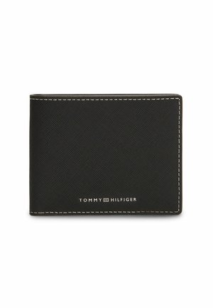 Schwarzes, strukturiertes Bi-Fold-Portemonnaie mit weißer Naht und Tommy Hilfiger-Logo mittig auf der Vorderseite.