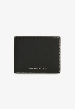 Schwarzes, strukturiertes Bi-Fold-Portemonnaie mit weißer Naht und Tommy Hilfiger-Logo mittig auf der Vorderseite.