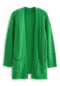 Grüne Strickjacke mit strukturiertem Muster, offener Vorderseite, gerippten Bündchen und großen Taschen. Dickes Garn sorgt für Wärme und Komfort.