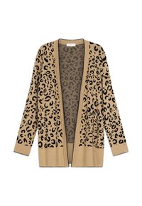Cardigan beige à ouverture frontale avec motif léopard noir et manches longues, tissu tricoté, sans boutons ni fermetures visibles.