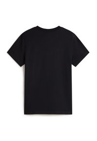 Maglietta nera a maniche corte in cotone, con collo tondo e texture liscia, senza alcun motivo o decorazione.