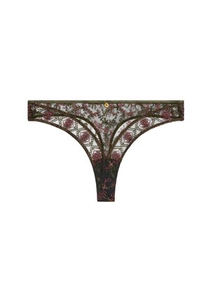 String en dentelle avec broderie florale en rose et vert sur une base noire transparente, dotée d'un détail décoratif à l'avant et de fines bretelles.