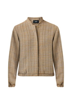 Veste légère et texturée dans une teinte doré-brun chaud, avec un col mandarin, une fermeture à bouton et des poignets élastiqués.