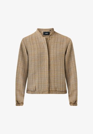 Lightweight, textured jacket in a warm golden-brown hue with a mandarin collar, button closure, and elasticized wrist cuffs.