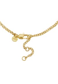 Bracciale a catena in metallo dorato con chiusura a moschettone, dotato di un piccolo cartellino circolare e di una sezione della catena regolabile per variare la lunghezza.