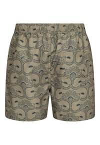Beige šortky s tmavě zeleným květinovým vzorem, elastickým pasem a zadní kapsou. Tkanina má hladkou, lehkou strukturu.