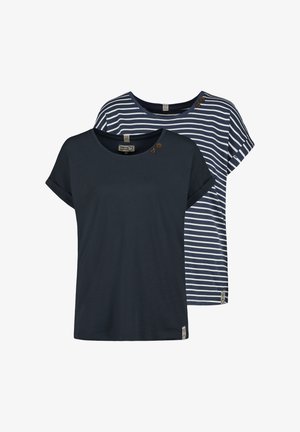 Two t-shirts: one solid navy blue with rolled sleeves and a button detail, the other navy striped with a crew neckline and short sleeves.