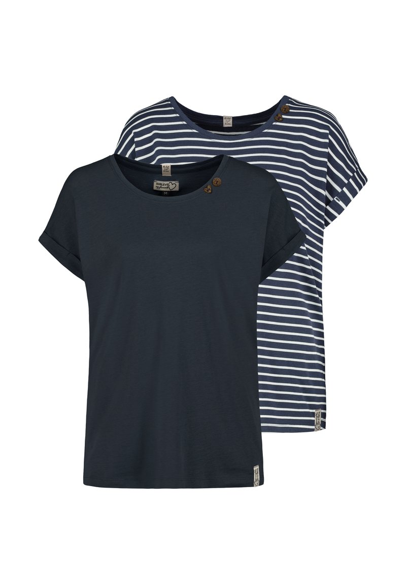 Two t-shirts: one solid navy blue with rolled sleeves and a button detail, the other navy striped with a crew neckline and short sleeves.