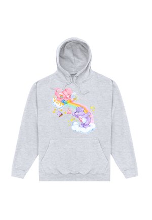 Szary hoodie z przednią kieszenią. Zawiera kolorową grafikę z kreskówkowymi niedźwiedziami oraz tęczą wśród chmur i gwiazd. Materiał bawełniany.