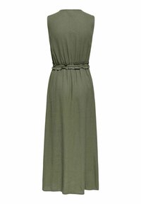 Robe midi sans manches vert olive avec taille froncée et détail volant, vue de dos sur fond blanc uni.